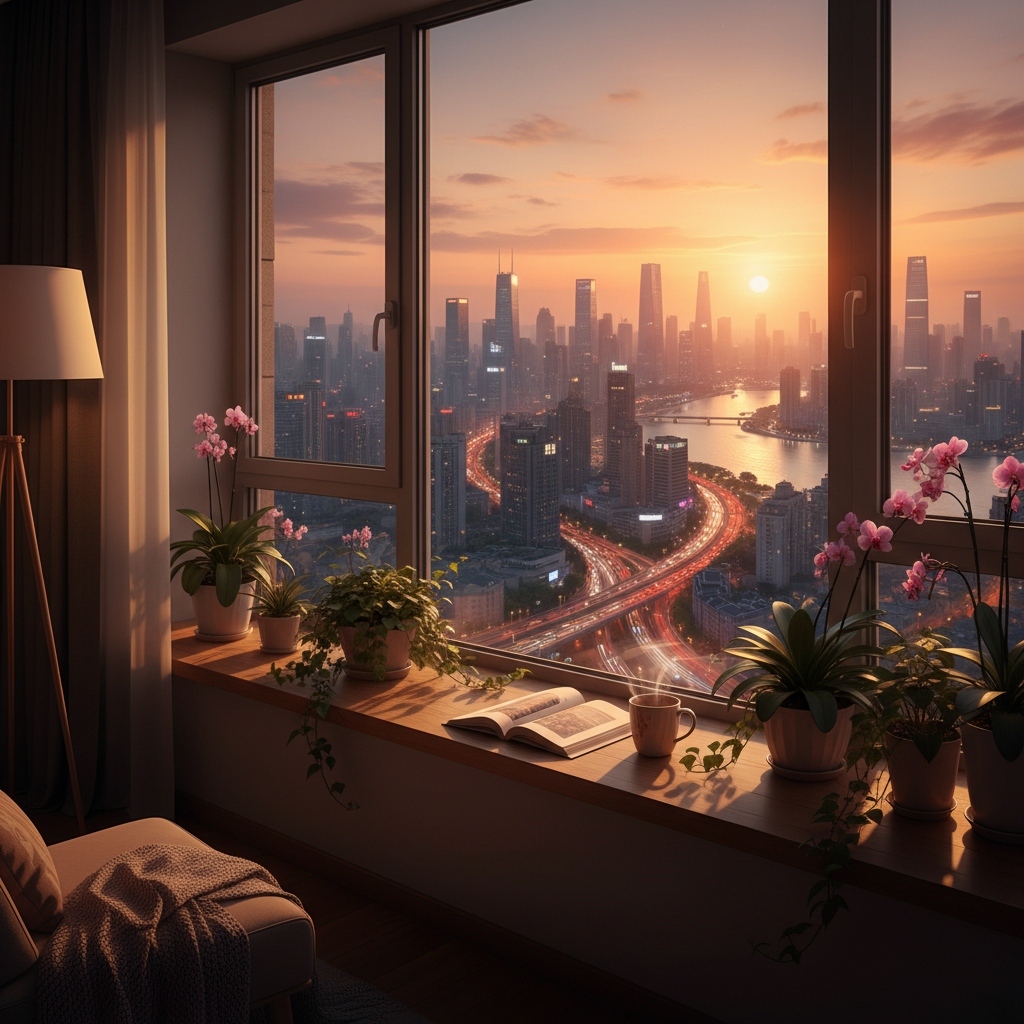 View from a high apartment window over a Chinese city skyline at sunset, plants on the windowsill, cozy personal home moment