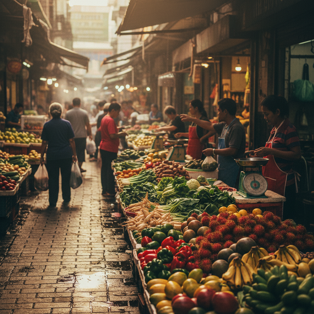 A small local wet market with fresh vegetables and fruit stalls, vendors in the background, everyday errands, warm documentary photo