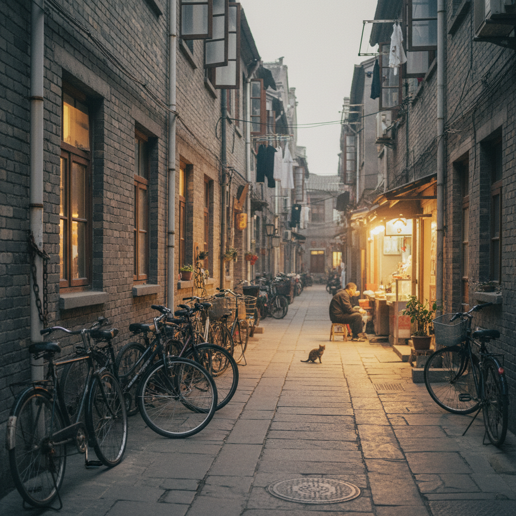 A quiet neighborhood alley in a Chinese city at dusk, bicycles parked, warm window lights, everyday street scene, personal travel photo