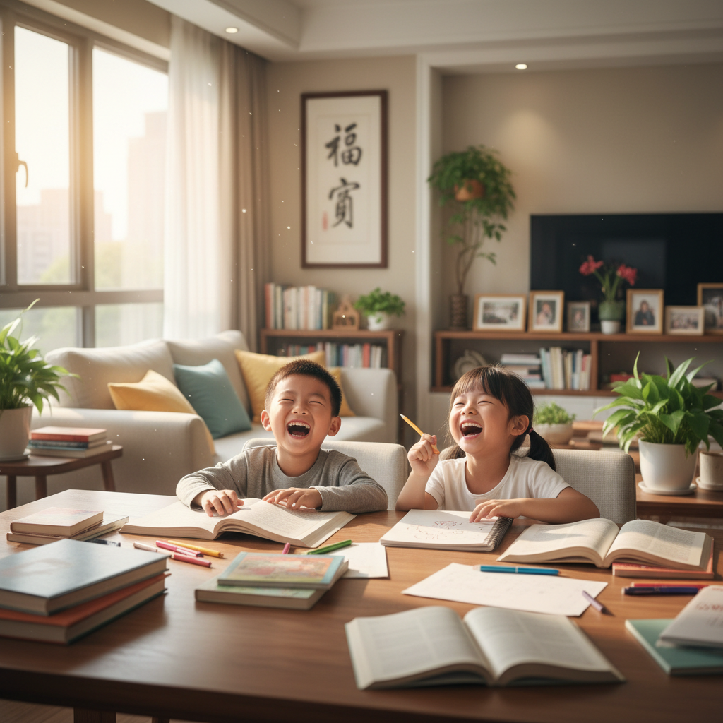 Two children laughing while doing homework at a table in a bright family living room in China, candid personal family moment, natural light