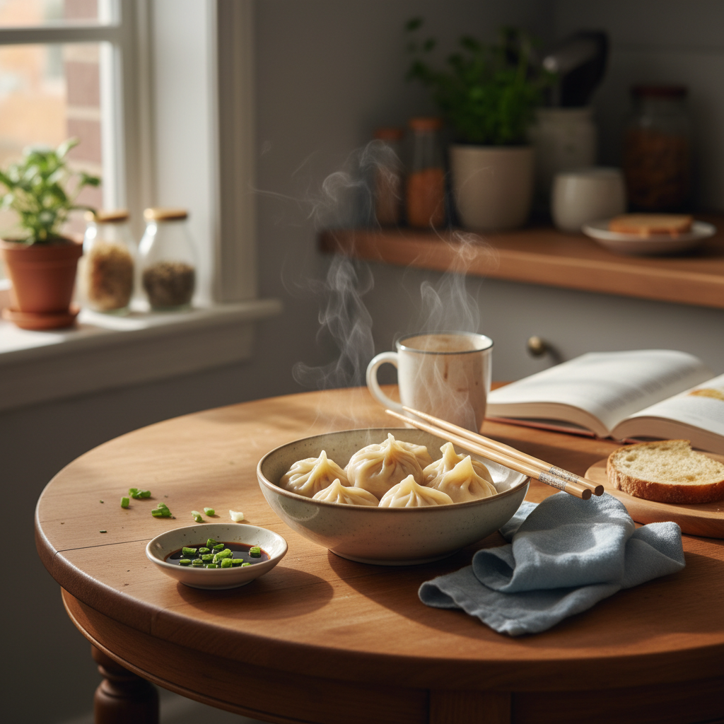 Everyday moment: a bowl of steaming dumplings and chopsticks on a small kitchen table, morning light, casual home cooking, personal snapshot style