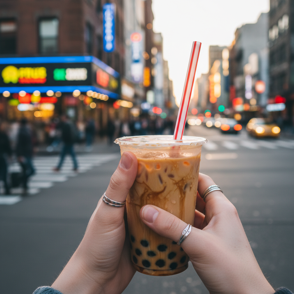 Close-up of hands holding a paper cup of bubble tea on a colorful city street, casual everyday lifestyle snapshot, shallow depth of field